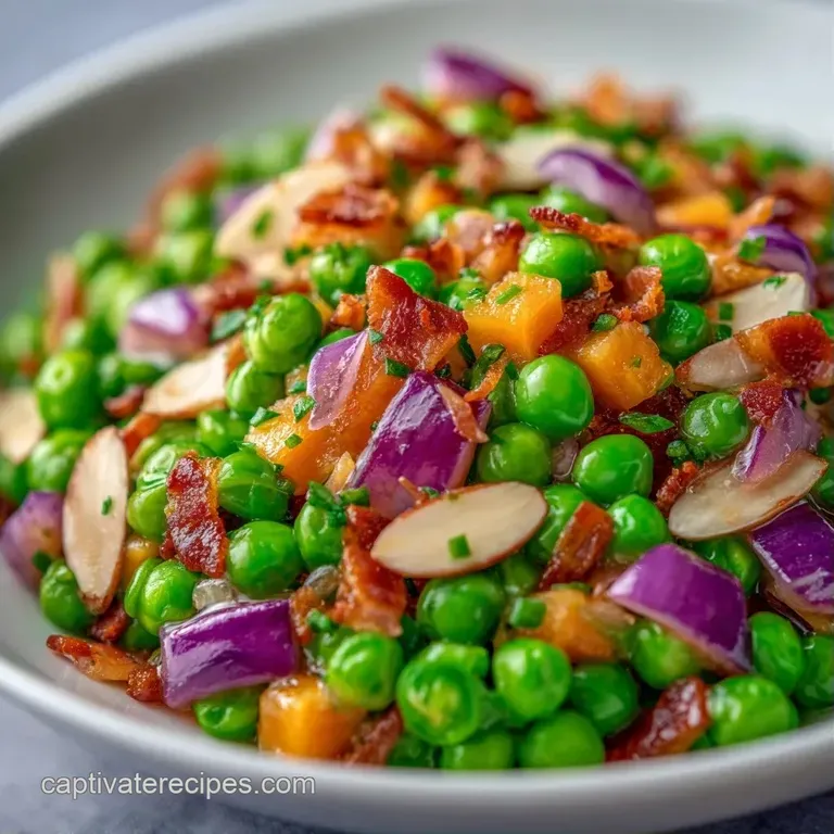 Chilled green peas tossed in a white creamy sauce, garnished with smoky bacon and fresh chives on a blue plate.