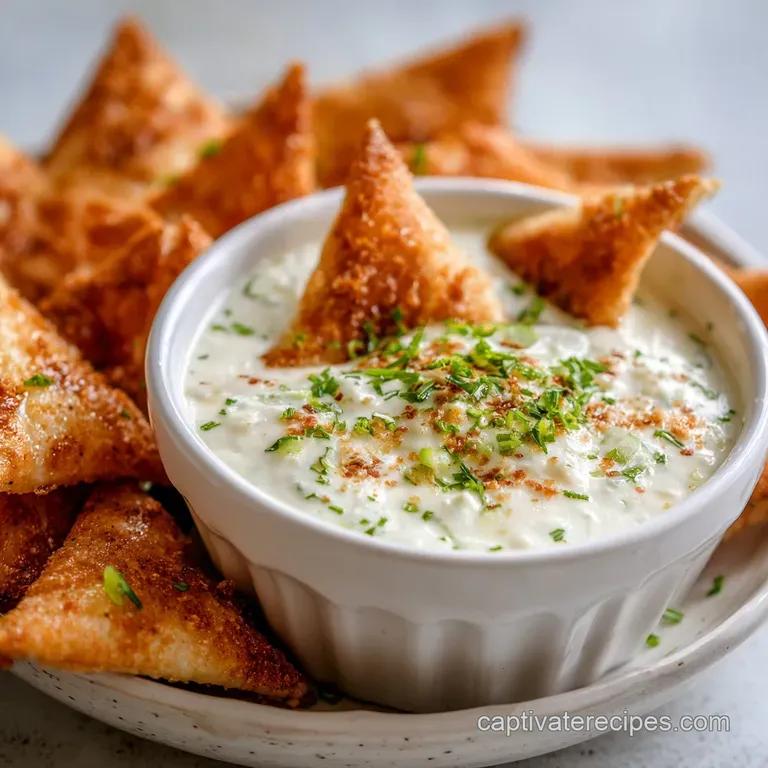Creamy crab dip in a ramekin topped with golden wonton crisps. Garnished with green onions & served with crispy fried wont...