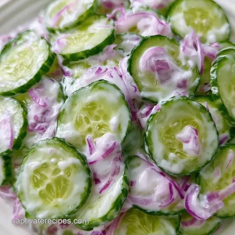 Slices of chilled cucumber coated in thick white yogurt, garnished with fresh green herbs in a ceramic dish.