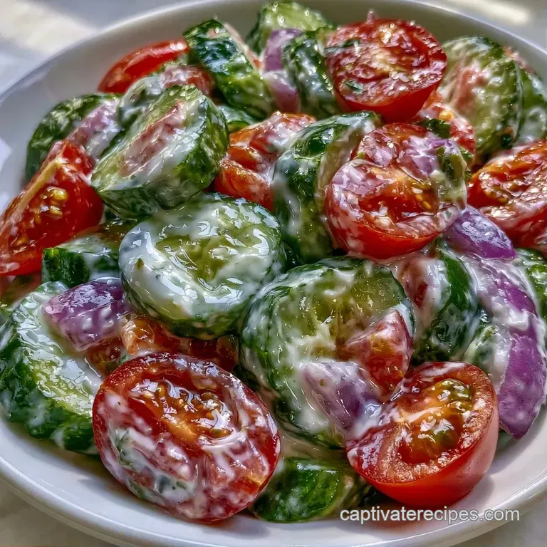 Vibrant red tomato wedges and sliced cucumbers coated in a smooth white cream sauce on a modern ceramic platter.