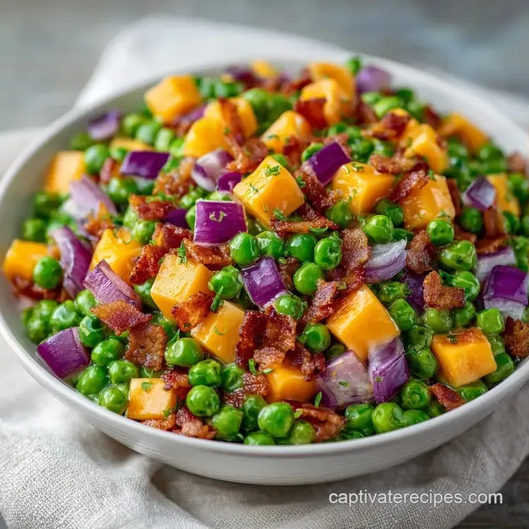 Bright green pea salad elegantly plated in a white ceramic bowl, topped with fresh mint leaves and lemon zest.