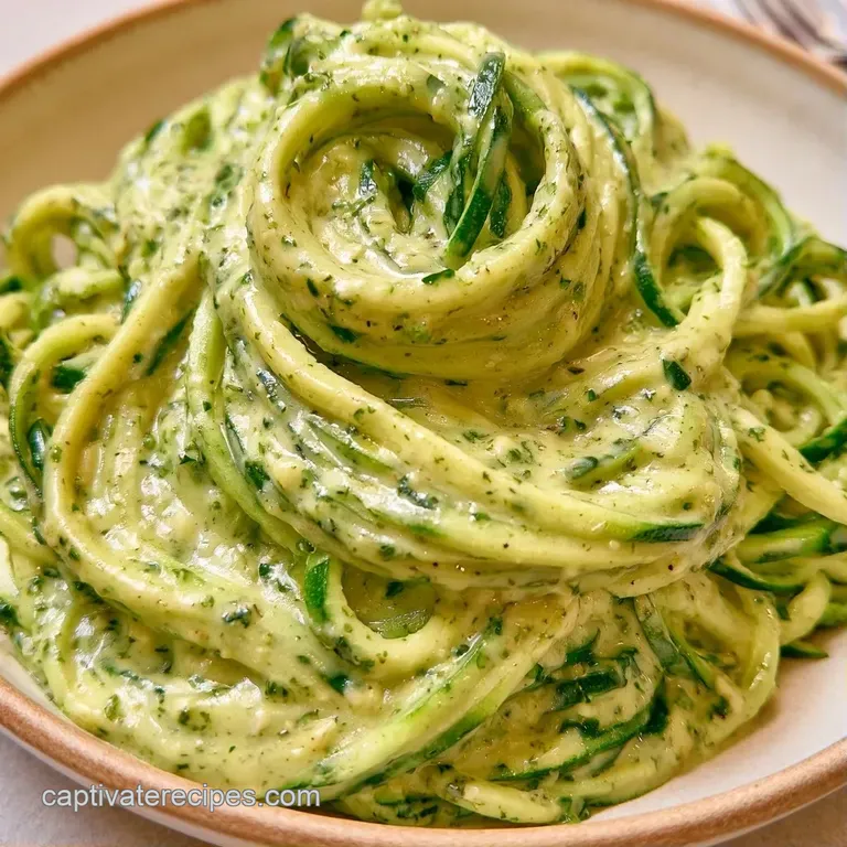 Spiraled green zucchini noodles twirled high in a white bowl, coated in a glossy white sauce and parmesan.