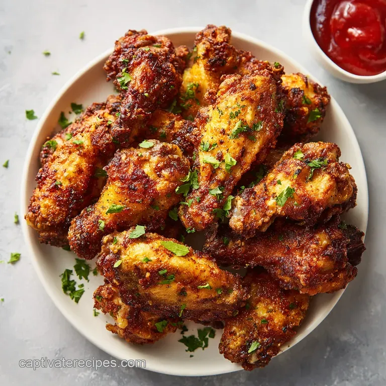 A neat stack of perfectly browned chicken wings, artfully arranged with dipping sauce.