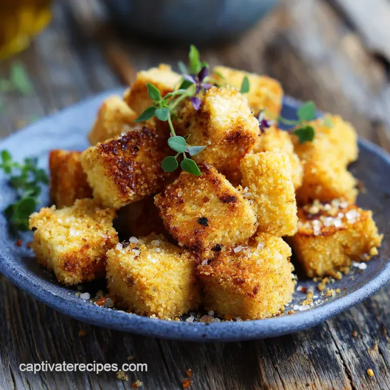 Crisp baked tofu bites arranged artfully on a white plate, drizzled with sauce and sprinkled with vibrant green herbs for ...