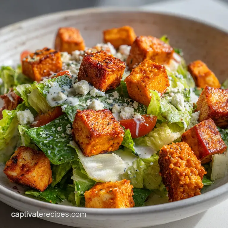 Elegant plate showcasing buffalo tofu Caesar salad. Crisp romaine, golden tofu cubes, and vibrant red pepper flakes create...