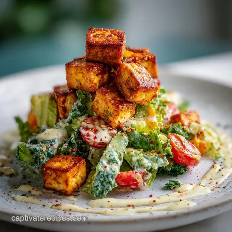 Crispy Buffalo Tofu Caesar Salad with Yogurt Dressing