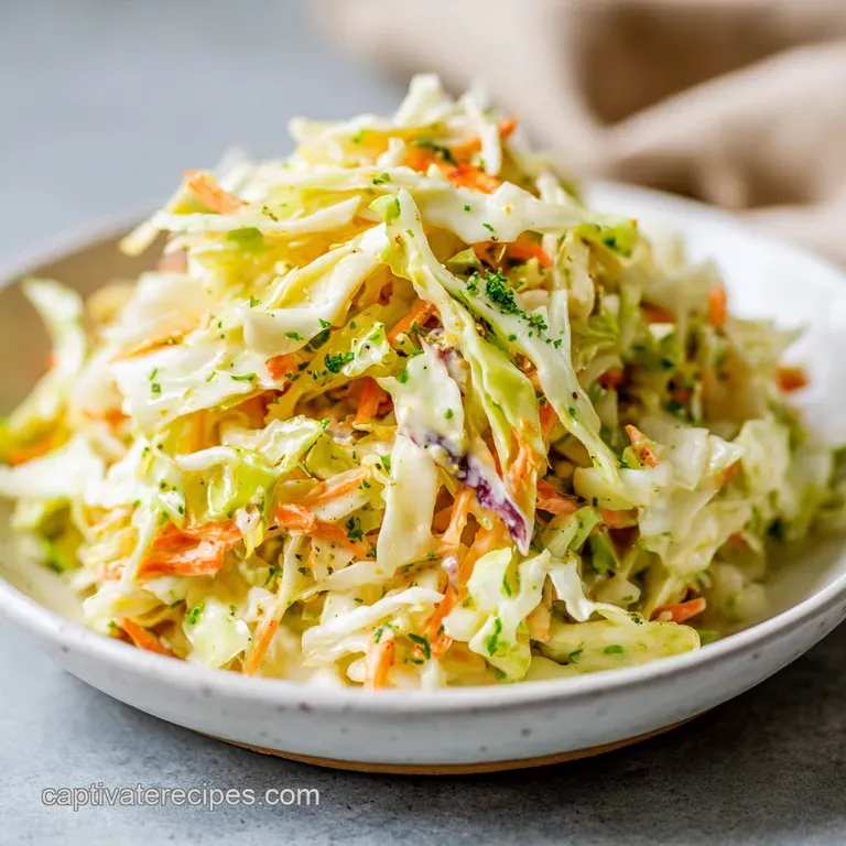 Close-up of bright, crisp coleslaw in a white bowl; ribbons of green and orange vegetables glisten in a creamy dressing.