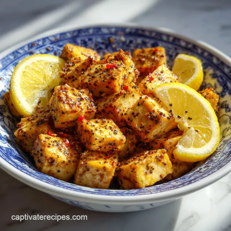 Crisp lemon pepper tofu plated over fluffy quinoa; vibrant parsley sprigs add freshness to this healthy vegan dish.
