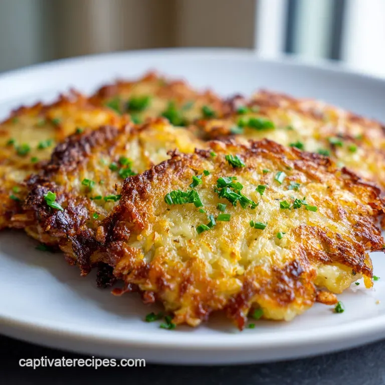 Stack of crispy latkes drizzled with creamy sour cream and vibrant green chives on a white plate, inviting and delicious.