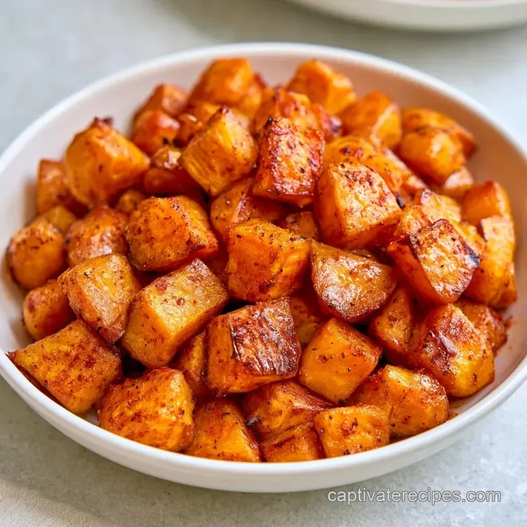 Cubed orange root vegetables piled high on a slate platter, garnished with rosemary and coarse sea salt.