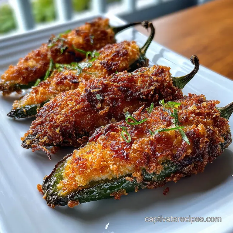 Three golden poppers elegantly plated with a vibrant green dipping sauce, speckled with herbs, atop a clean white plate.