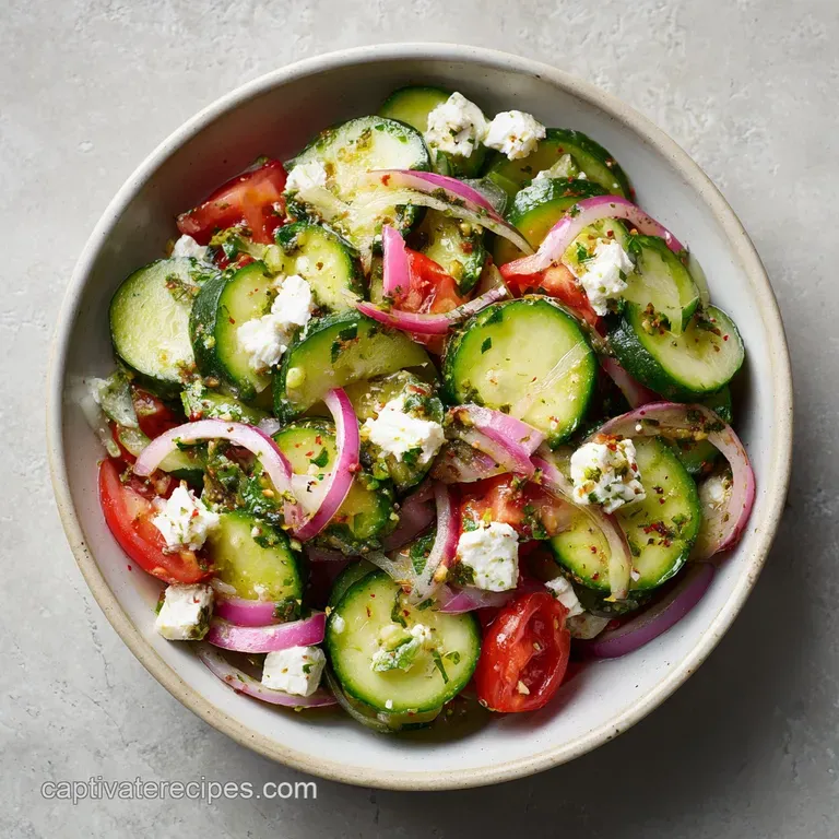 A refreshing salad of cool, crisp cucumber and smooth avocado, topped with salty feta and fresh herbs.