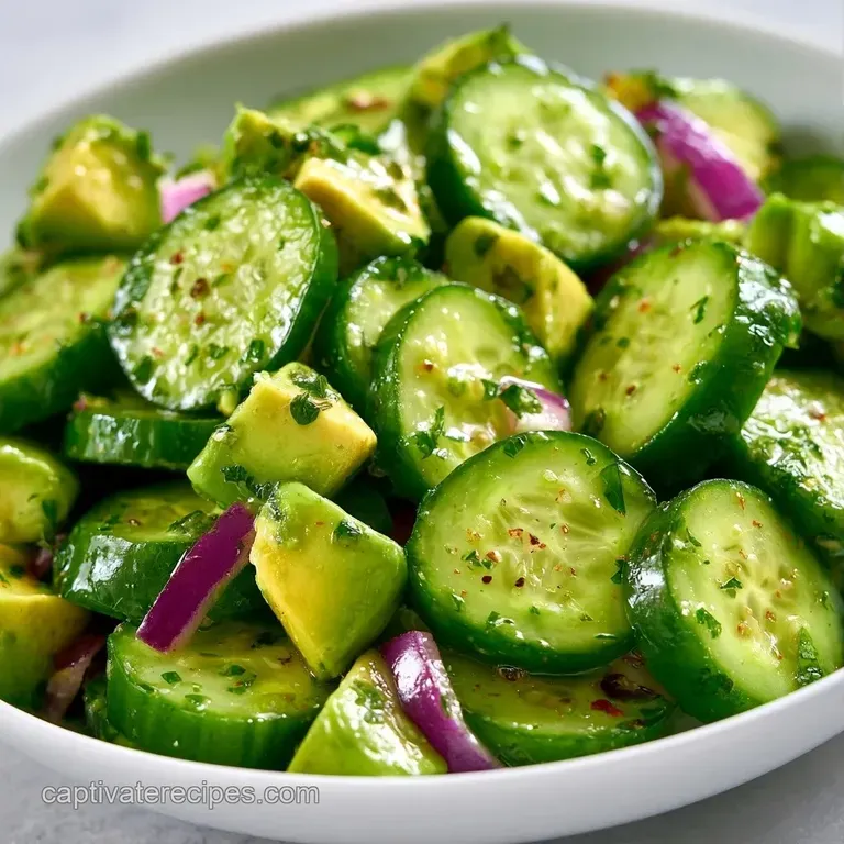 Bright green cubes of avocado and sliced cucumbers artfully arranged in a bowl with a drizzle of clear vinaigrette.