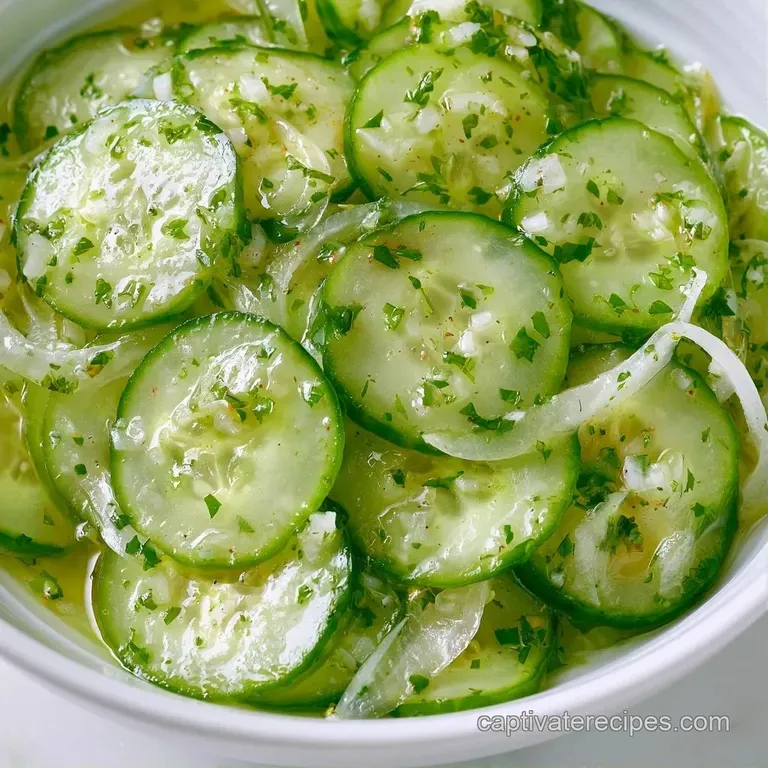 Thinly sliced cucumbers and red onions arranged in a white ceramic bowl, topped with a sprinkle of fresh dill.