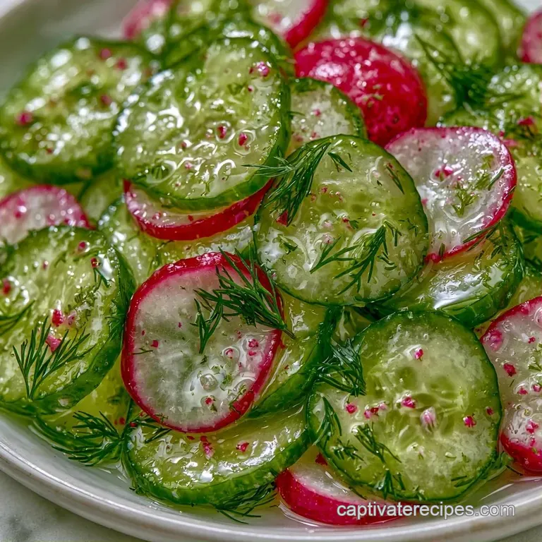 Artfully arranged slices of crisp cucumber and bright red radish on a matte plate, drizzled with clear oil.