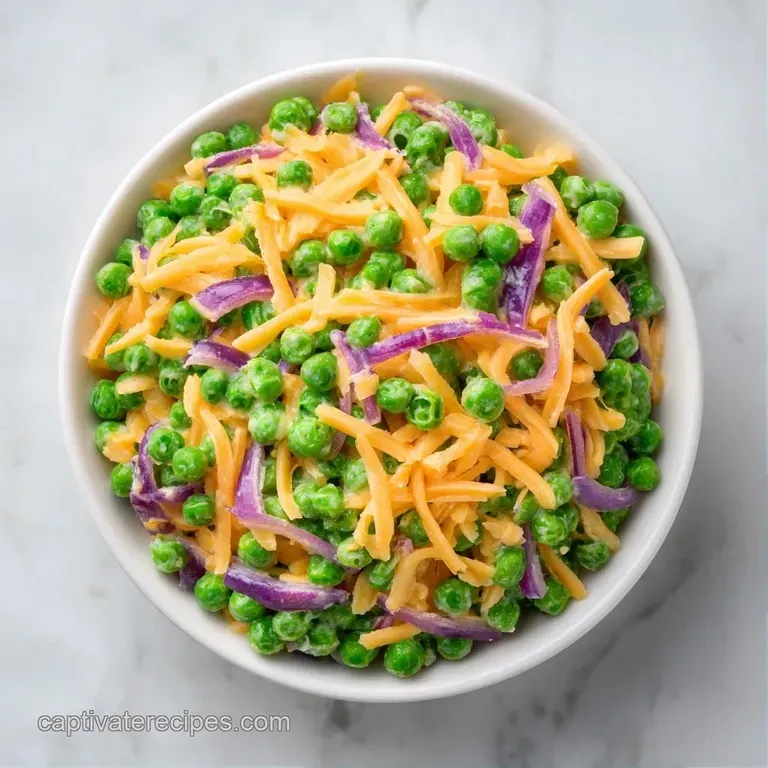 Chilled green peas mixed with red onion and herbs, elegantly presented in a clear bowl on a light linen tablecloth.