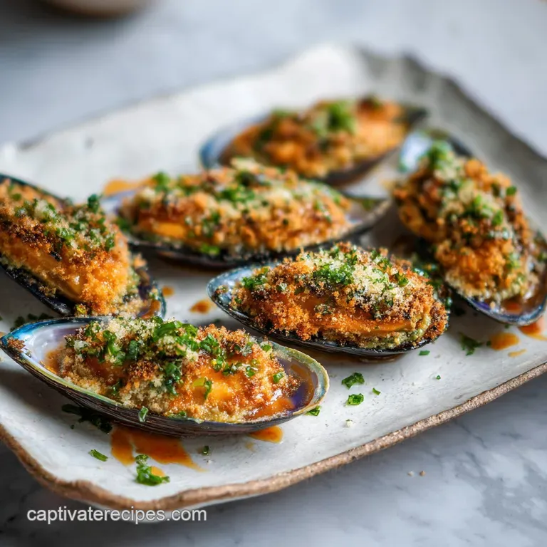 Elegant mussel shells brimming with creamy, golden topping, artfully arranged on a textured plate, a sprig of parsley nearby.