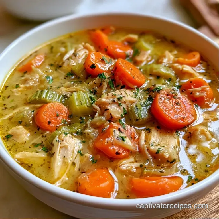 A white ceramic bowl of hearty chicken soup topped with a swirl of cream and a delicate sprig of fresh green thyme.