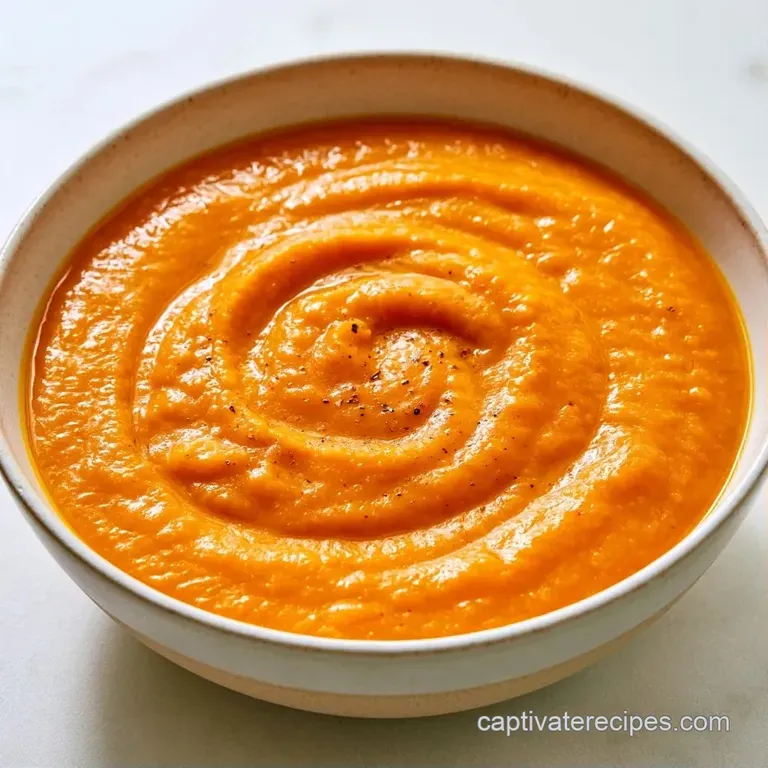Vibrant orange puree in a minimalist white bowl, garnished with a cream swirl and a fresh sprig of green thyme.
