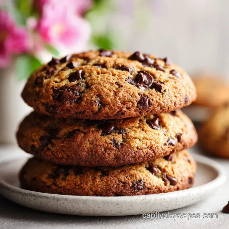 Stack of chewy chocolate chip cookies on a white plate. Streaks of melted chocolate visible. Soft, inviting, and warm.