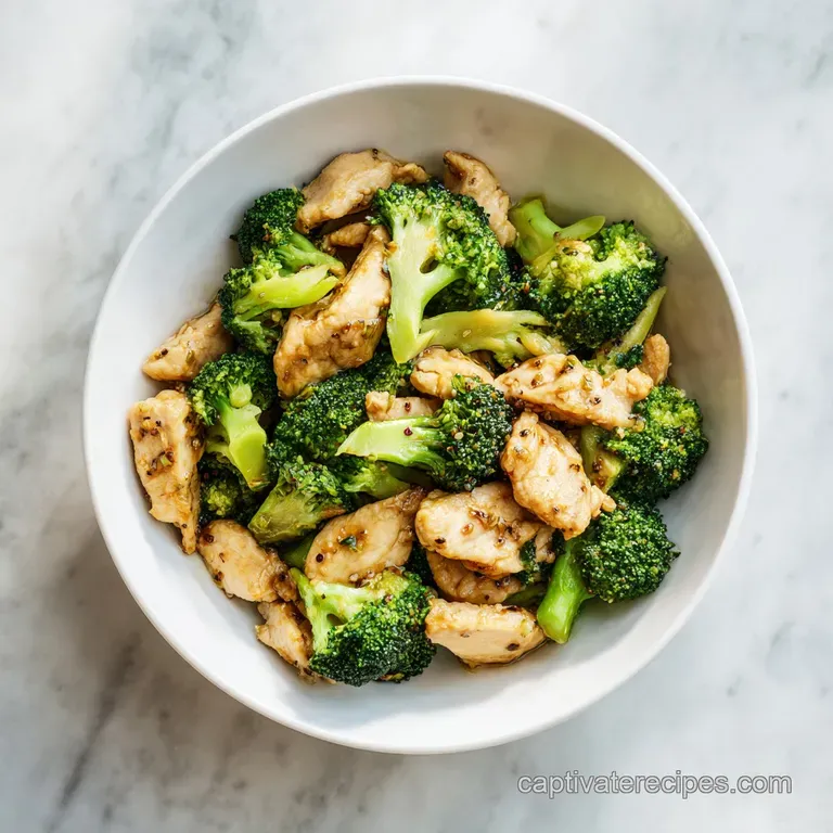 A colorful mound of tender chicken and crisp broccoli nestled in a sleek white bowl, artfully garnished.