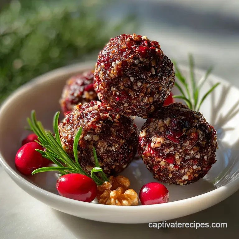 Pile of vibrant cranberry meatballs with a glistening sauce, garnished with herbs on a white plate.