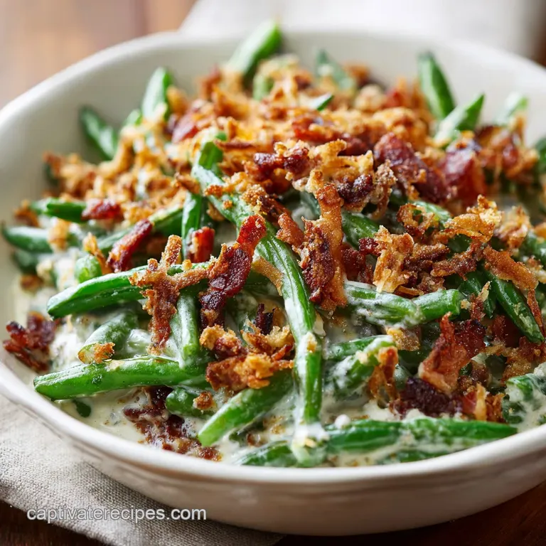 Creamy green bean casserole elegantly plated with crispy fried onions and a sprinkle of fresh parsley, hinting at a comfor...