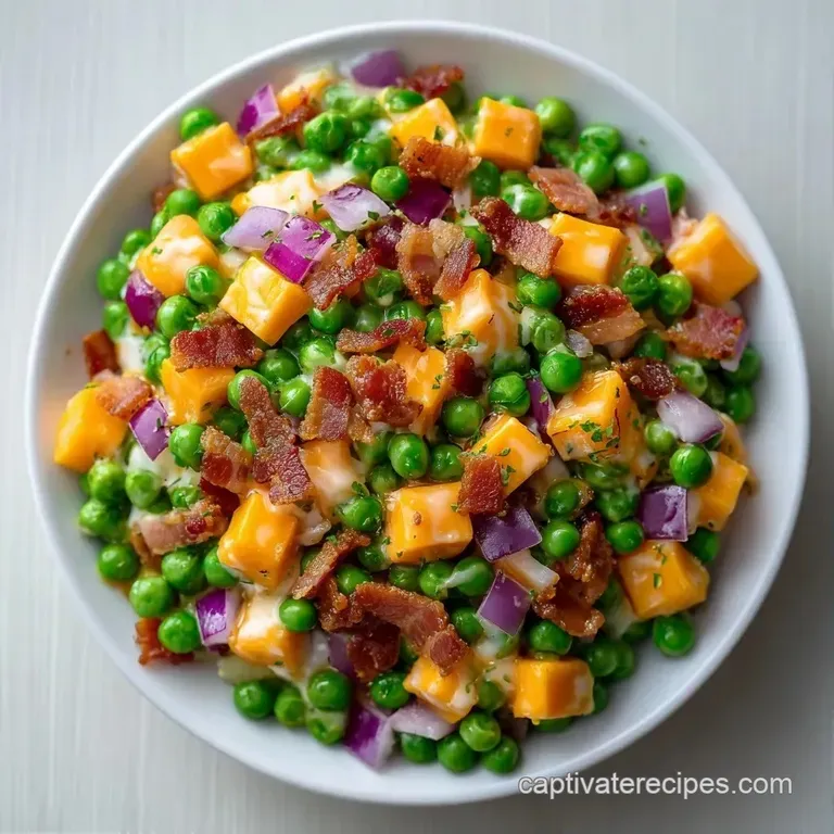A polished serving platter holding bright green peas tossed in cream with sprigs of fresh mint and cracked black pepper.
