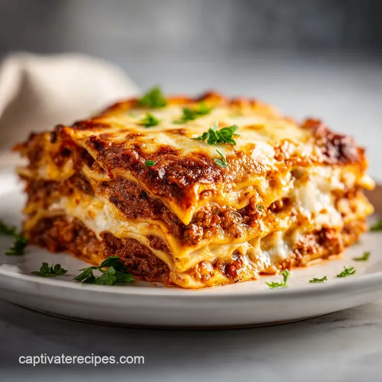 A precise square slice of layered pasta with rich red sauce and creamy cheese on a clean white porcelain plate.