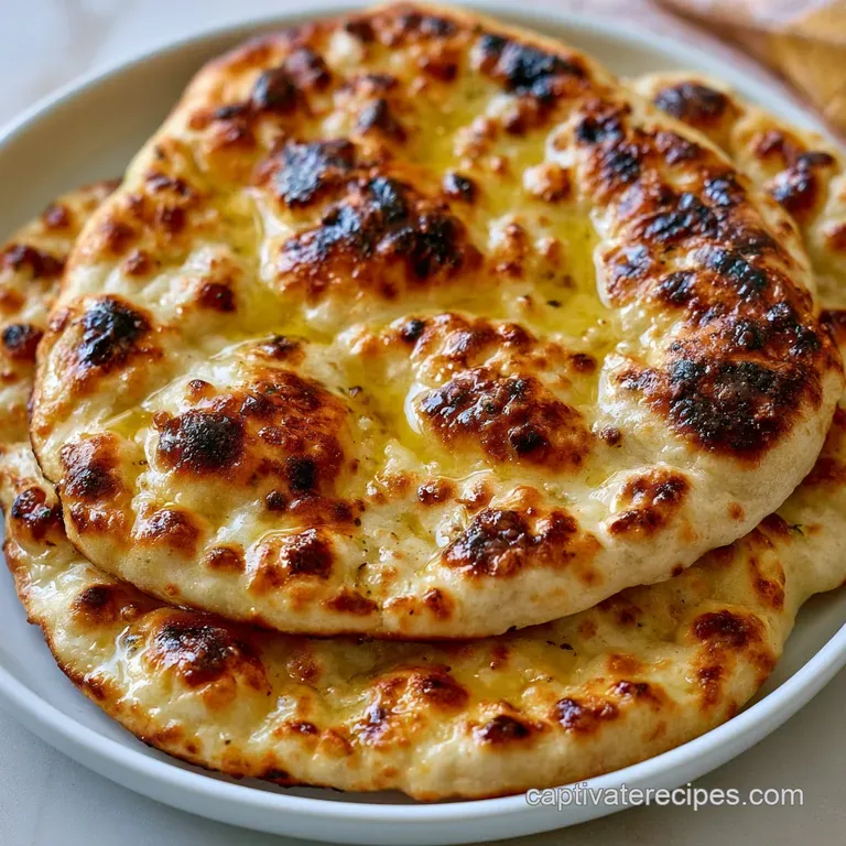 Stack of soft, charred flatbreads garnished with fresh parsley next to a small bowl of creamy dipping sauce.