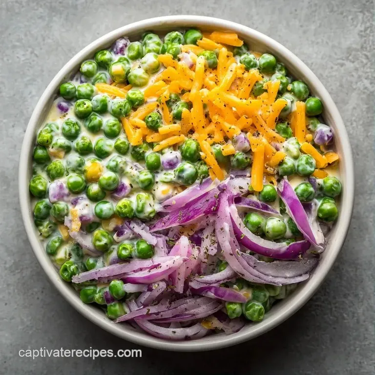 A chilled glass bowl filled with bright green peas, crumbled white cheese, and slivers of purple red onion.