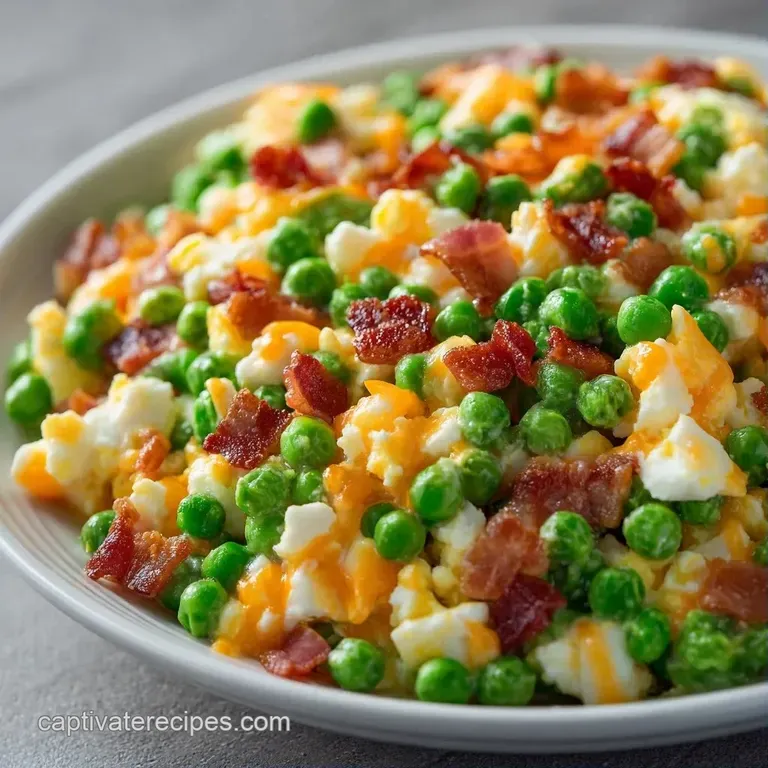 Fresh green peas and creamy egg slices arranged elegantly in a bowl, topped with crunchy, savory bacon crumbles.