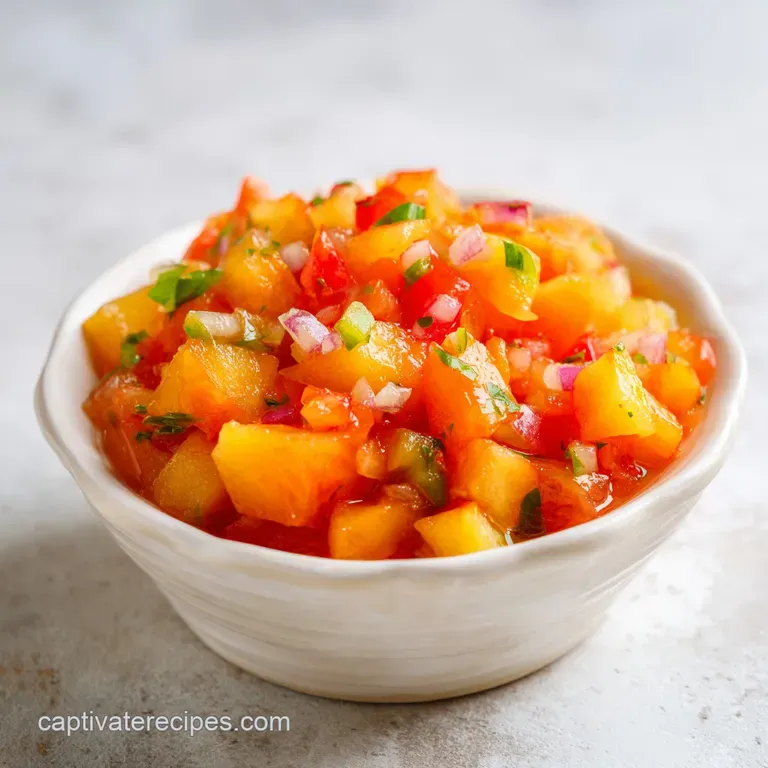 Bright peach salsa in a clear glass bowl, showcasing juicy peaches, herbs, and a hint of spice against a white backdrop.