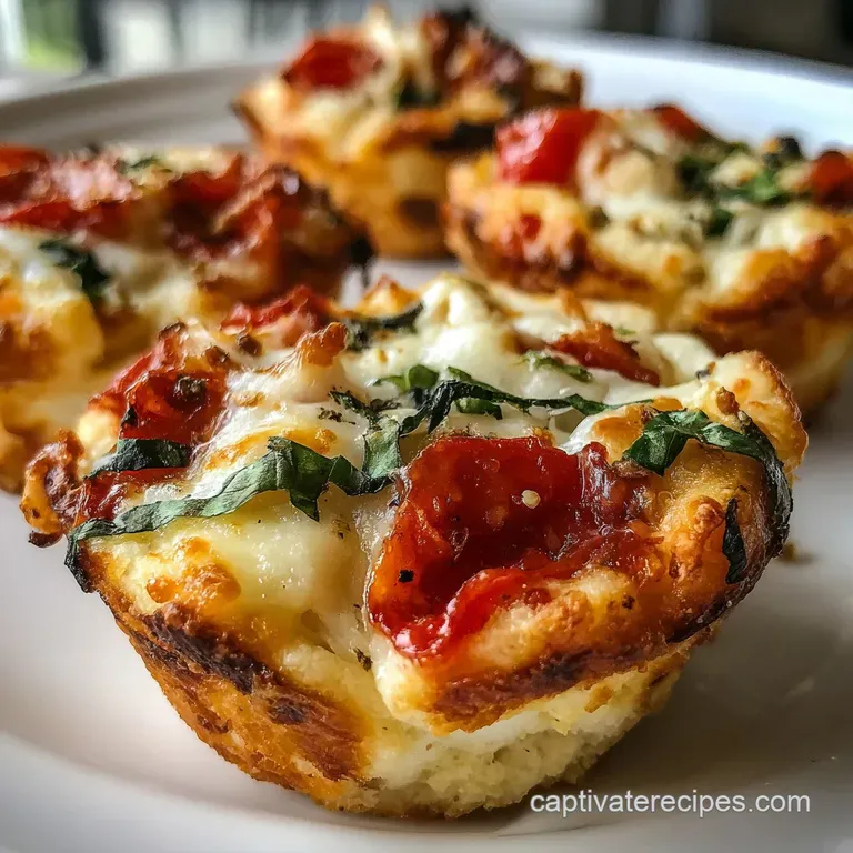 Perfectly formed pizza muffins sit on a checkered cloth, steam rising, inviting a bite of the cheesy goodness.