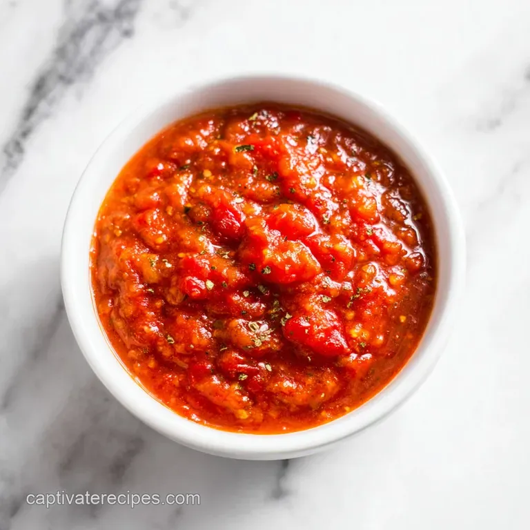 A swirl of rich red pizza sauce topping a golden-crusted pizza, garnished with fresh basil.