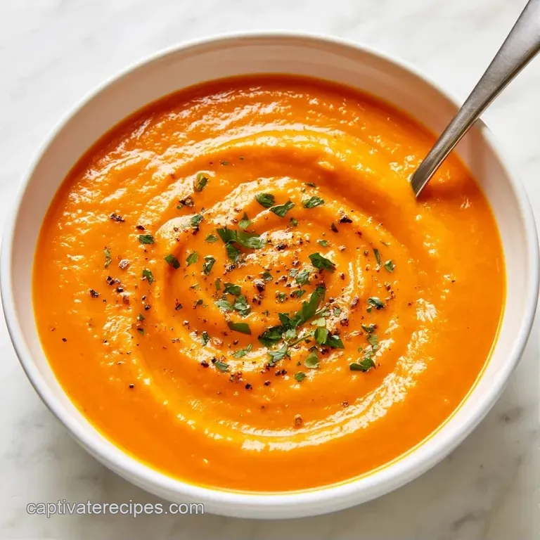 Vibrant orange puree in a white ceramic bowl, garnished with toasted pumpkin seeds and a drizzle of heavy cream.