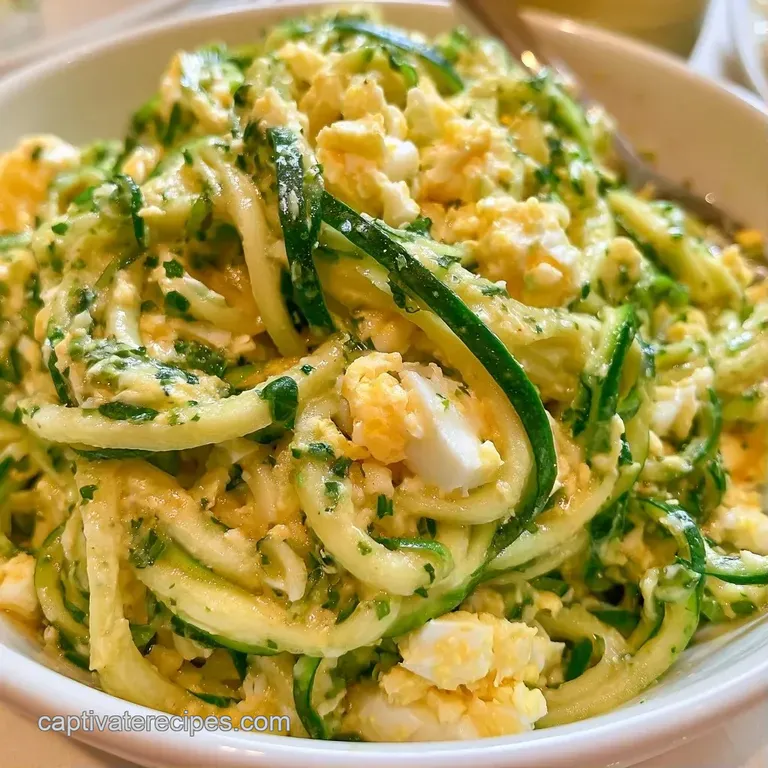 Spiraled green zucchini topped with creamy egg slices, arranged neatly in a white ceramic bowl with fresh parsley.