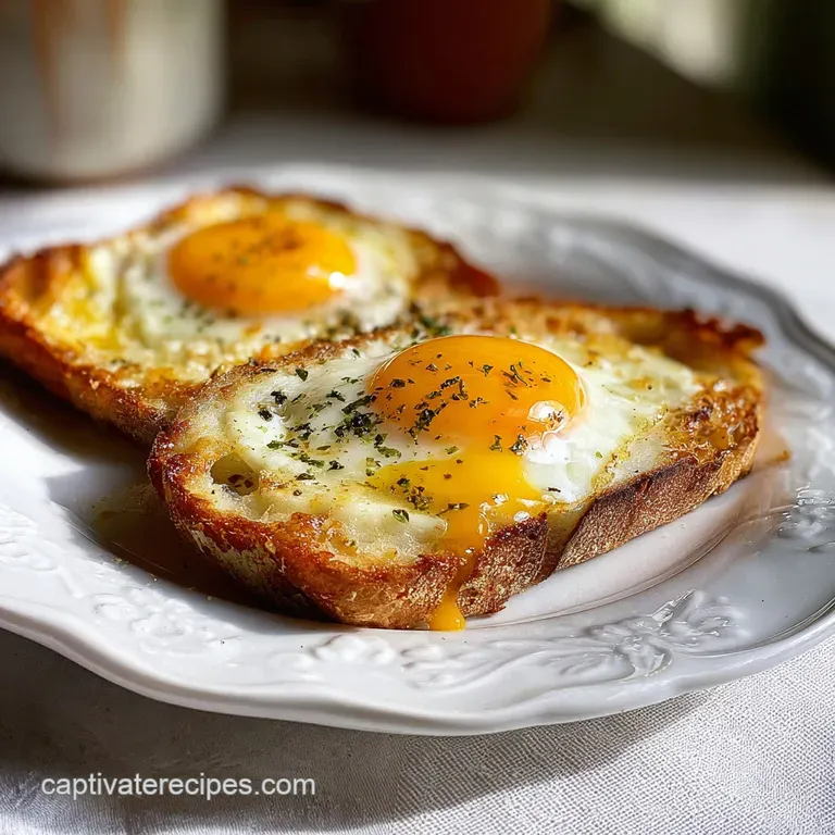 Single serving of baked eggs on toast, garnished with chives. Rustic plate complements the golden-brown hue, inviting brea...