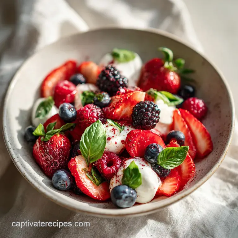 An artfully arranged plate featuring glistening balsamic glaze drizzled over fresh strawberries, blueberries, and mozzarella.