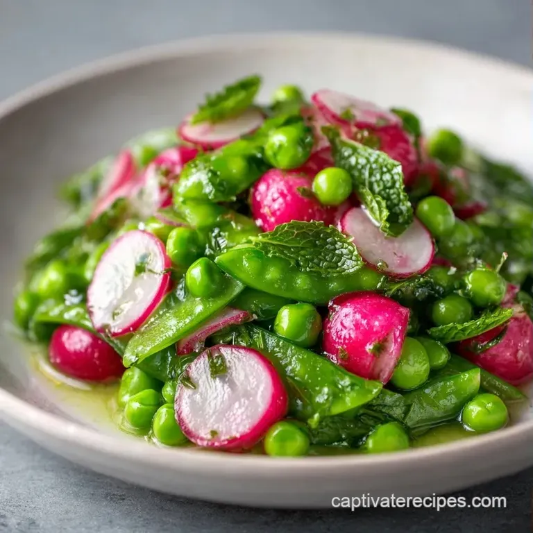 Vibrant green peas and sliced red onions arranged artfully on a slate plate with a drizzle of lemon vinaigrette.