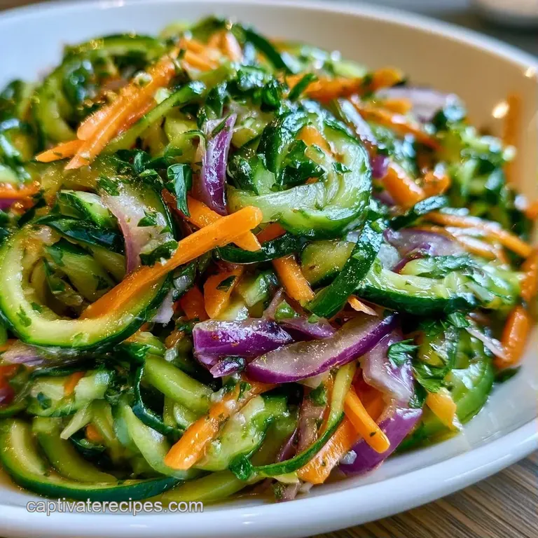 Vibrant green spiralized vegetables in a white ceramic bowl topped with crumbled white cheese and red pepper slivers.