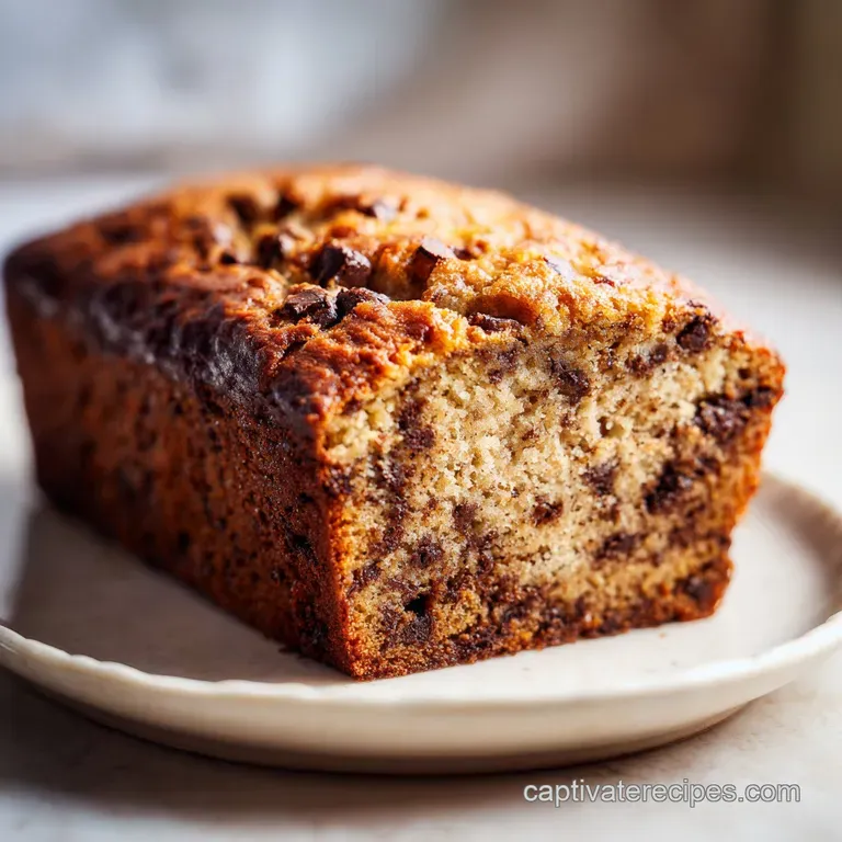 Slice of banana bread with gooey chocolate, served on a plate. Streaks of melted butter gleam on the crust.