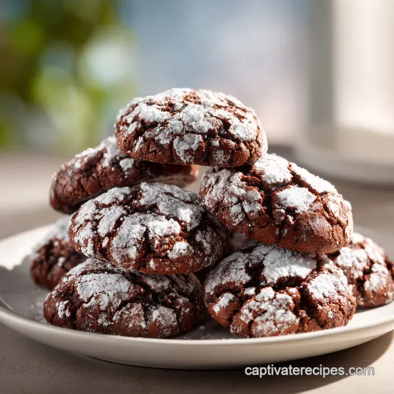 Stack of three chocolate crinkle cookies, their crackled tops dusted with white, sitting on a small plate ready to serve.
