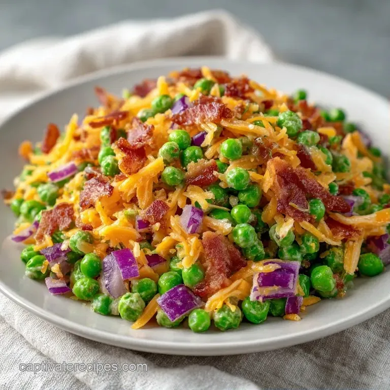 A white ceramic bowl filled with bright green peas and crumbled bacon, garnished with sliced green chives.