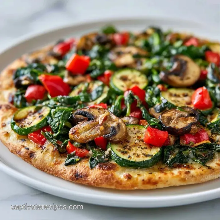 A rustic wooden board holding a sliced flatbread with roasted colorful vegetables and a side of fresh arugula.