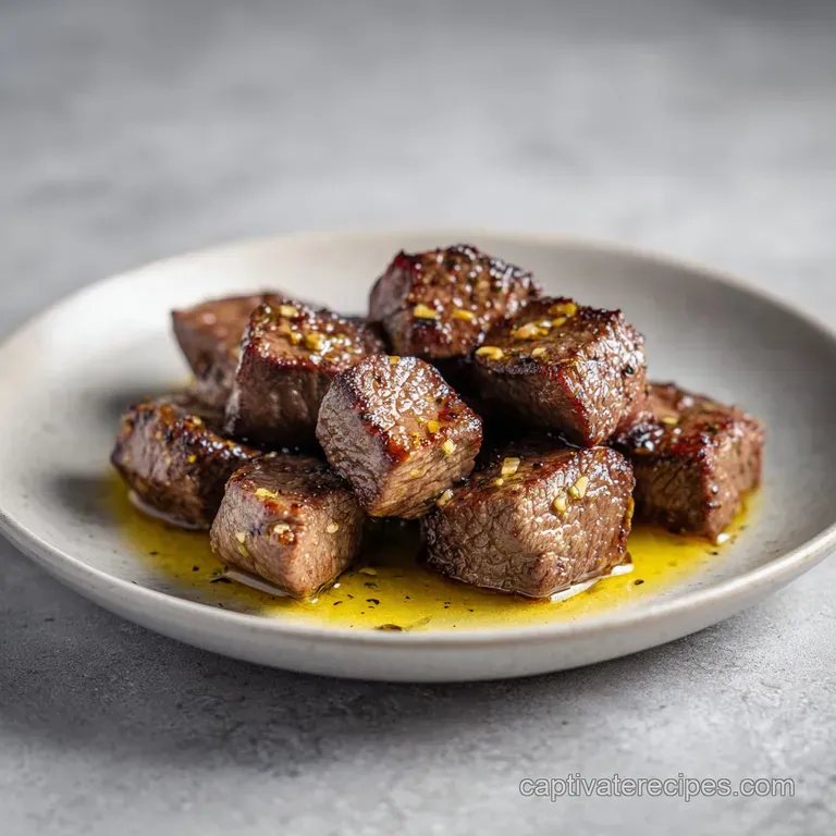 Seared beef cubes arranged on a white ceramic plate, glistening with butter and topped with fresh green parsley