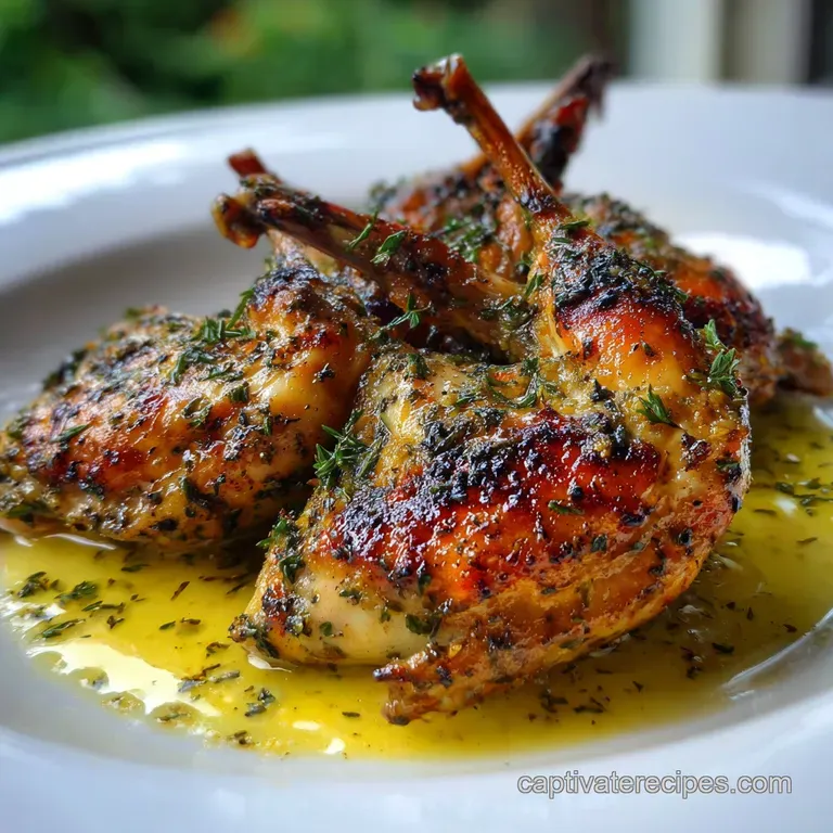 A petite roasted quail, glistening & perched on creamy polenta, garnished with vibrant parsley; a refined, single serving.