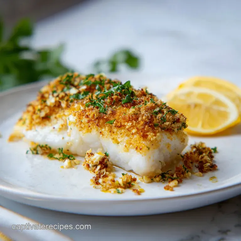 Flaky white fish with a golden parmesan crust served on a modern plate with a side of bright green saut&eacute;ed spinach.