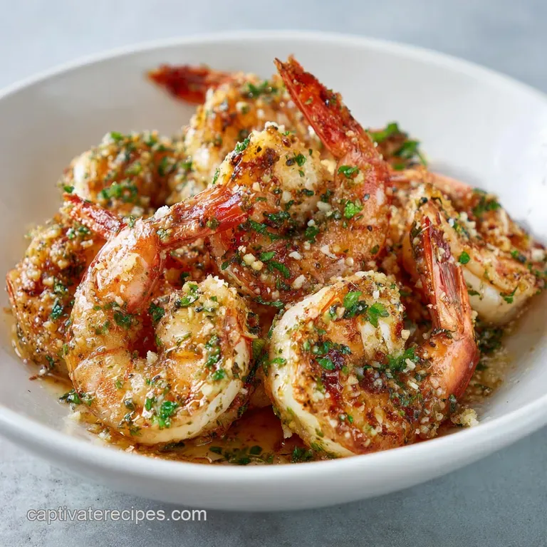 Garlic parmesan shrimp artfully arranged on a white plate, sprinkled with fresh parsley, ready to be devoured, a bright, s...