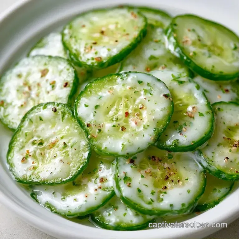 Thinly sliced cucumbers arranged in a neat spiral, coated in a velvety white sauce with sprigs of fresh green dill.